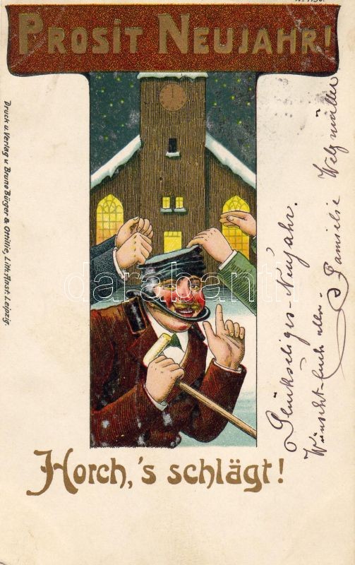 'Horch,'s schlägt!' New Year greeting card, litho