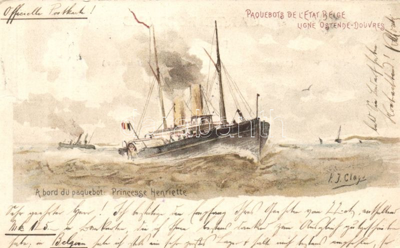 A bord du paquebot Princesse Henriette, Ligne Ostende-Douvres, litho s: Clays