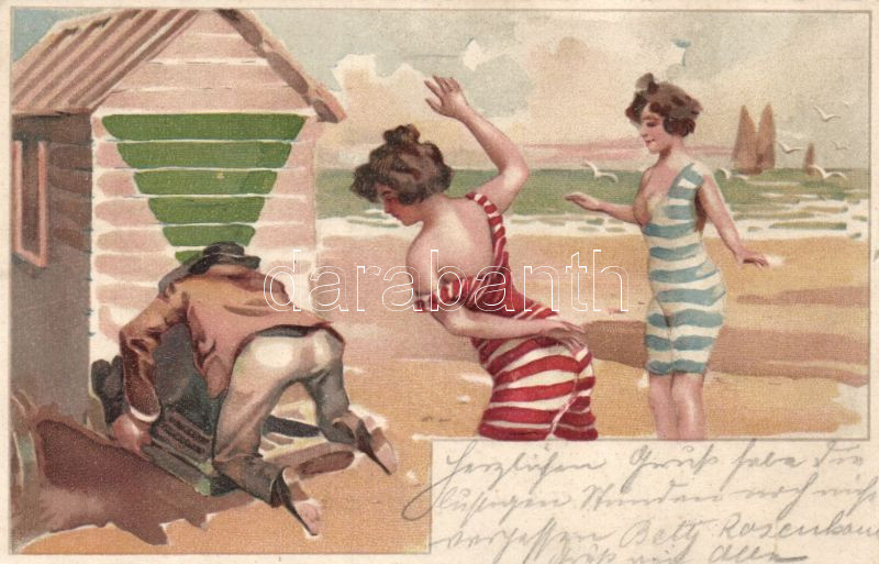 Peeping tom at the beach, humour, gently erotic, litho