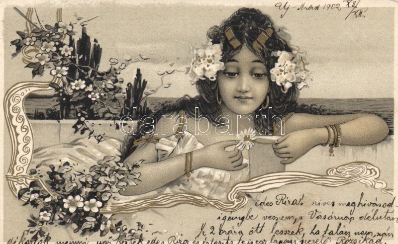 Lady, Art Nouveau floral, litho
