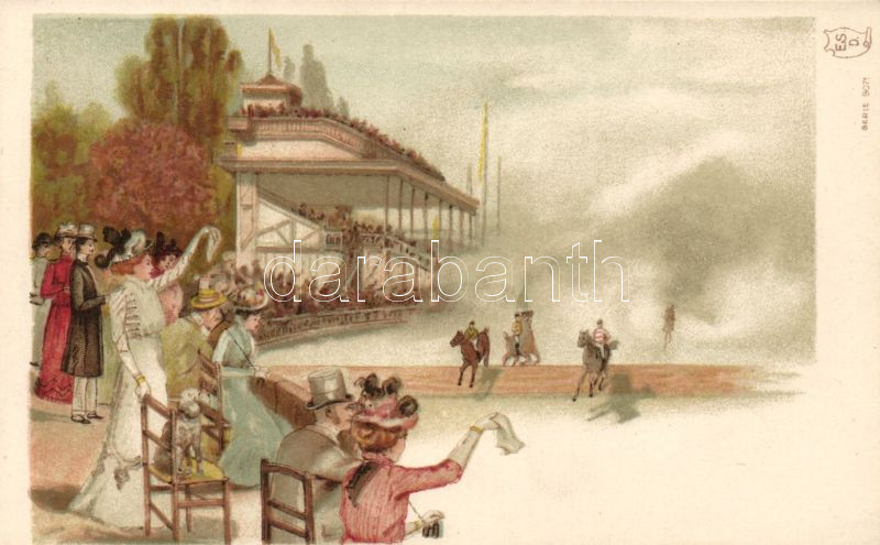 Horse race field, E.S.D. Serie 8071. litho, Lóverseny pálya, E.S.D. Serie 8071. litho