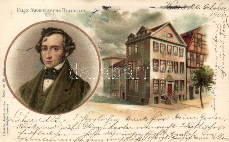 Felix Mendelssohn-Bartholdy and his home, Gebrüder Obpacher Serie 46. No. 18340. litho, Felix Mendelssohn-Bartholdy és lakóháza, Gebrüder Obpacher Serie 46. No. 18340. litho