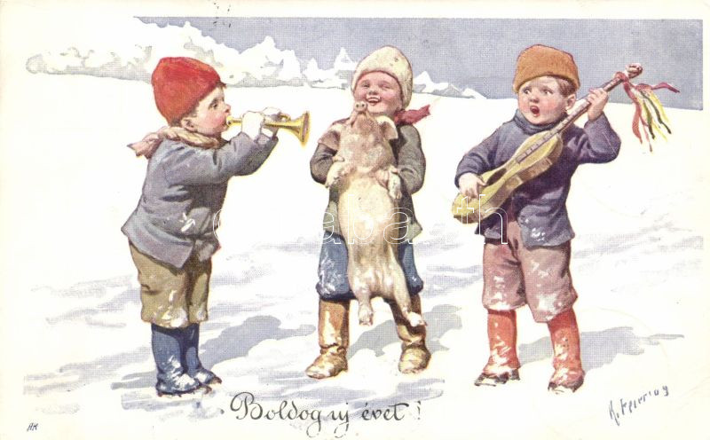 Újév, zenélő gyerekek 'IV Károly király koronázása napján' So. Stpl  s: K. Feiertag, New Year, musician children s: K. Feiertag