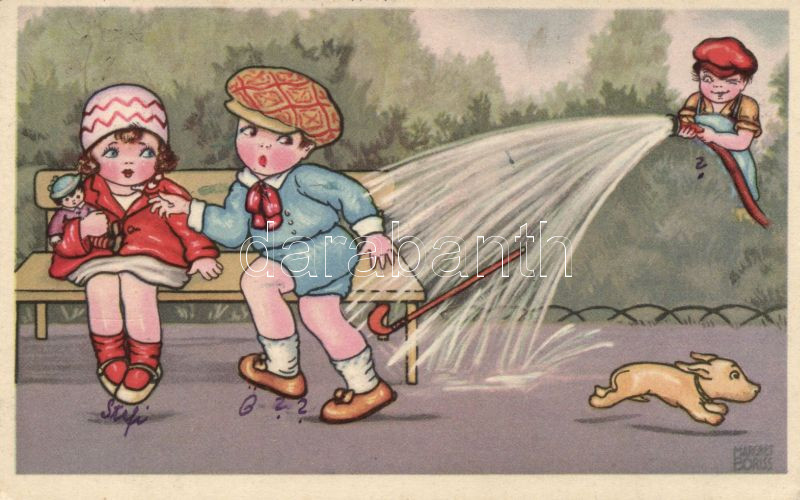 Italian art postcard, children, Amag 0335. s: Margret Boriss, Olasz művészlap, gyerekek, humor, Amag 0335. s: Margret Boriss