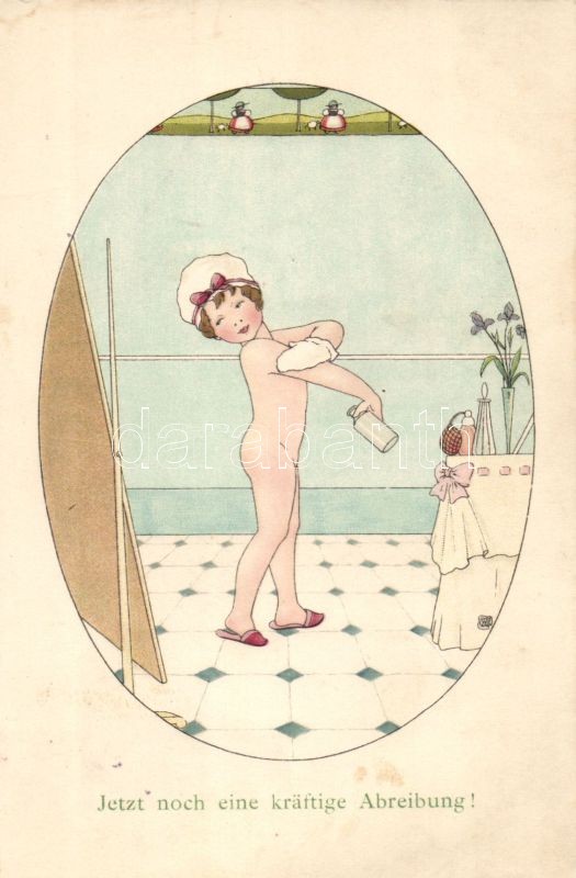 Jetzt noch eine kraftige Abreibung! / Girl in the bathroom, M. Munk Vienne Nr. 905., Fürdőző gyerek, M. Munk Vienne Nr. 905.