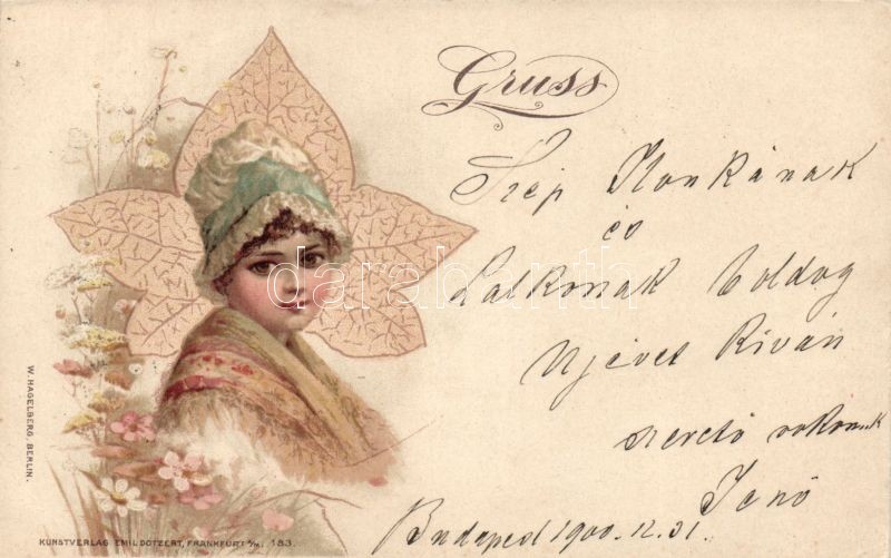 Lány levéllel üvözlő lap litho, Girl with leaf greeting card litho