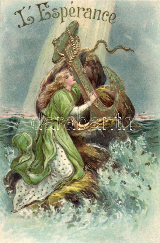 L'Espérance / Hope, lady with anchor, golden decoration Emb. litho, Remény, hölgy horgonnyal, aranyozott díszítés Emb. litho