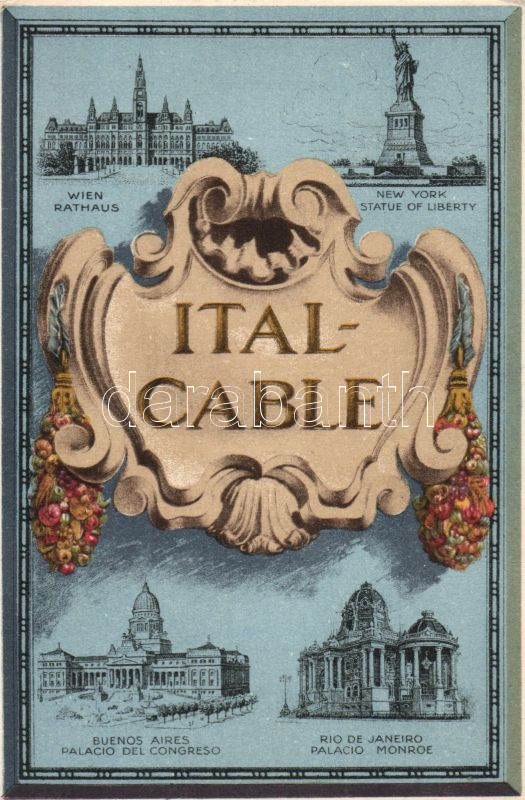 Italcable; Wien Rathaus, New York Statue of Liberty, Buenos Aires Palacio del Congreso, Rio de Janeiro Palacio Monroe / submarine telegraph, Italian cable company advertisement, Italcable, Olasz távközlési társaság reklámlapja