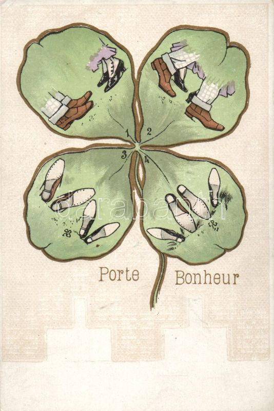 Porte Bonheur / Good Luck, clover, dance steps, golden decoration litho, Sok szerencsét! lóhere, tánclépések, aranyozott díszítés litho