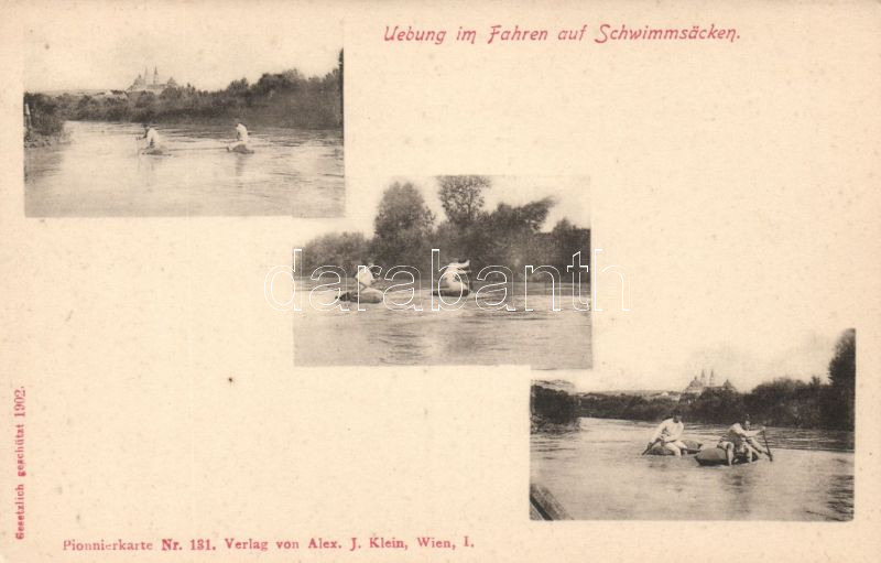 Uebung im Fahren auf Schwimmsäcken / Practice of riding on flotation bags