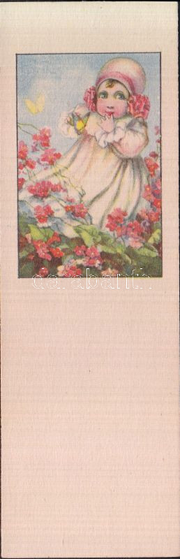 Little girl, small sized card, artist signed (4,4 cm x 13,8 cm), Kislány, kis méretű képeslap, szignózott (4,4 cm x 13,8 cm)