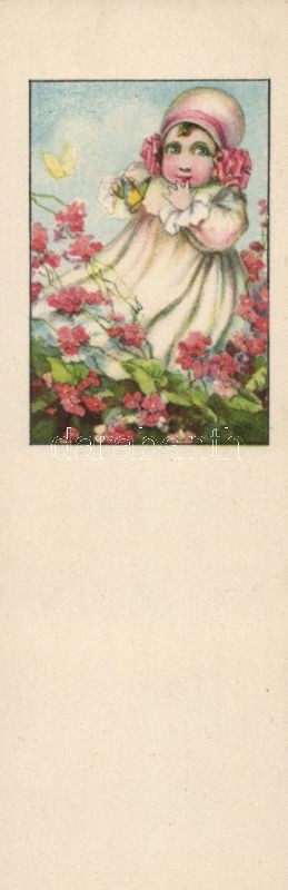 Little girl with flowers, small size; 13,8 cm x 4,4 cm, Kislány virágokkal, kis méretű képeslap; 13,8 cm x 4,4 cm