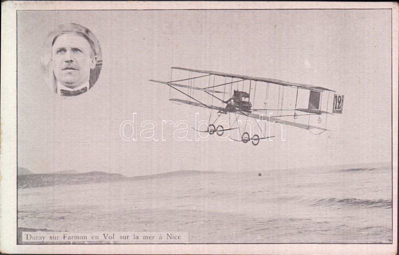 Nice, Arthur Duray in Farman Biplane in flight over the sea