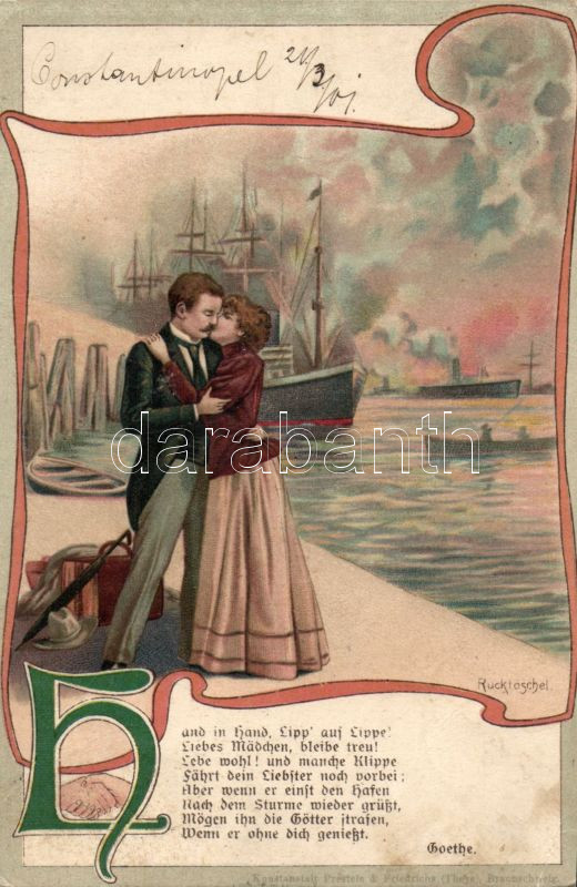 Couple in the port,  Art Nouveau, litho s: Rucktaschel, Pár a kikötőben, Art Nouveau, litho s: Rucktaschel