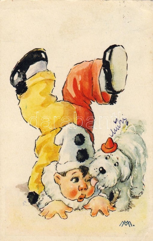 Clown, dog, artist signed, Bohóc, kutya