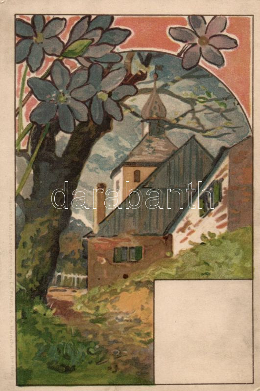 Village with flowers litho, Falu virágokkal litho