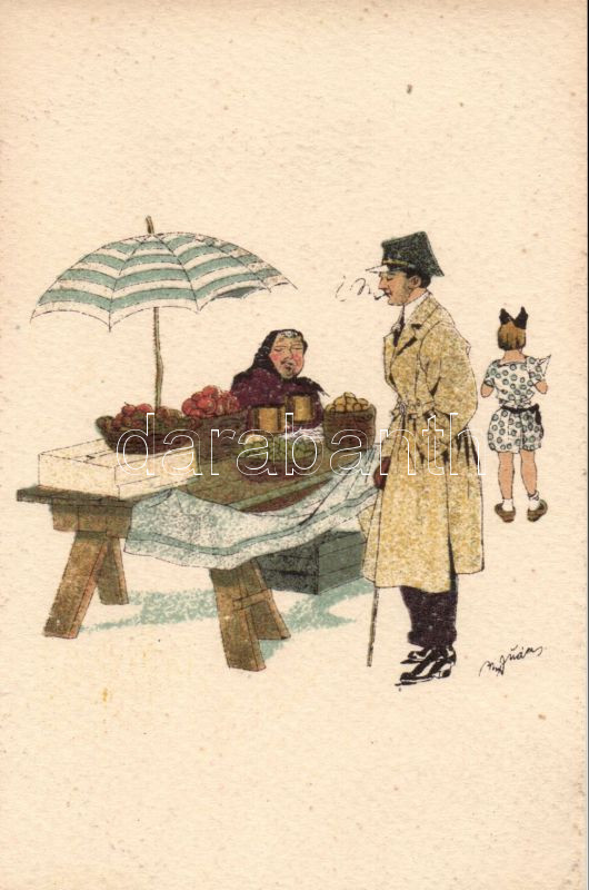 Polish military officer at the market place, artist signed, Lengyel katonatiszt a piacon, szignózott