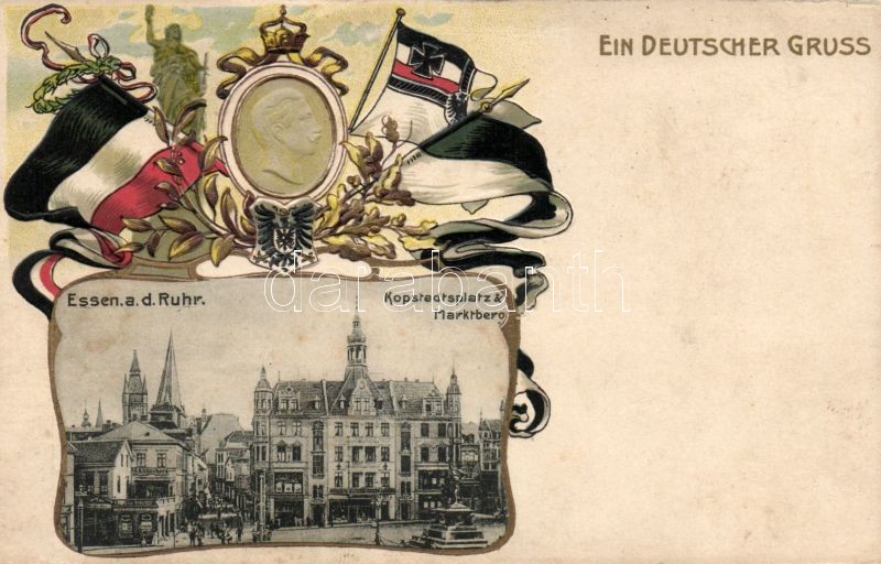 Essen a. d. Ruhr, Kopstadtsplatz, Marktberg / square with shops, Wilhelm II, flags, coat of arms