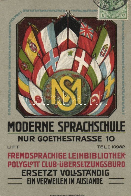 Moderne Sprachschule, Fremdsprachige Leihbibliothek-Polyglott Club-Übersetzungsbüro / Language school in Frankfurt, flags, advertisement, litho