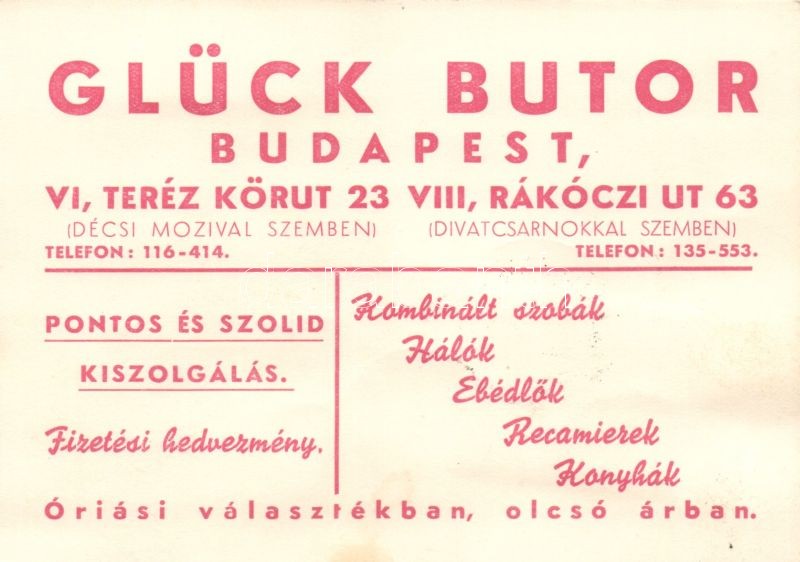 Budapesti Glück Bútor üzlet relám So. Stpl (non PC), Glück furniture store in Budapest, advertisement So.Stpl (non PC)