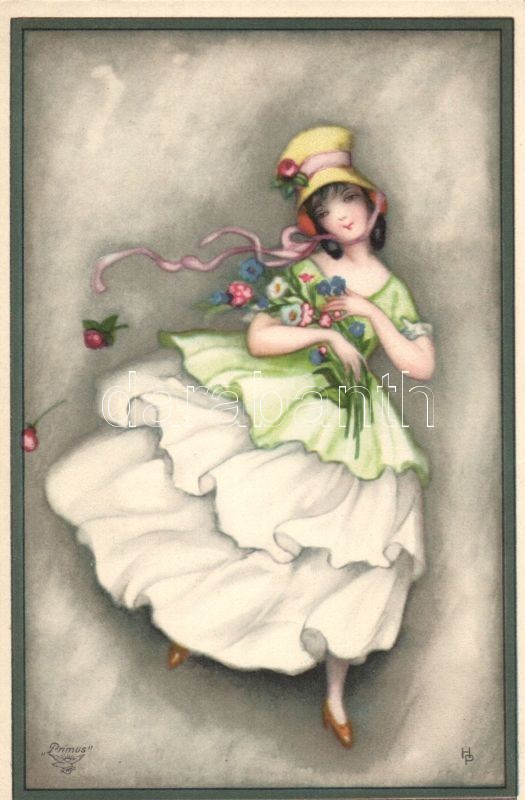 Italian art postcard, lady with flowers, Primus Pastella, Olasz művészlap, hölgy virágokkal, Primus Pastella