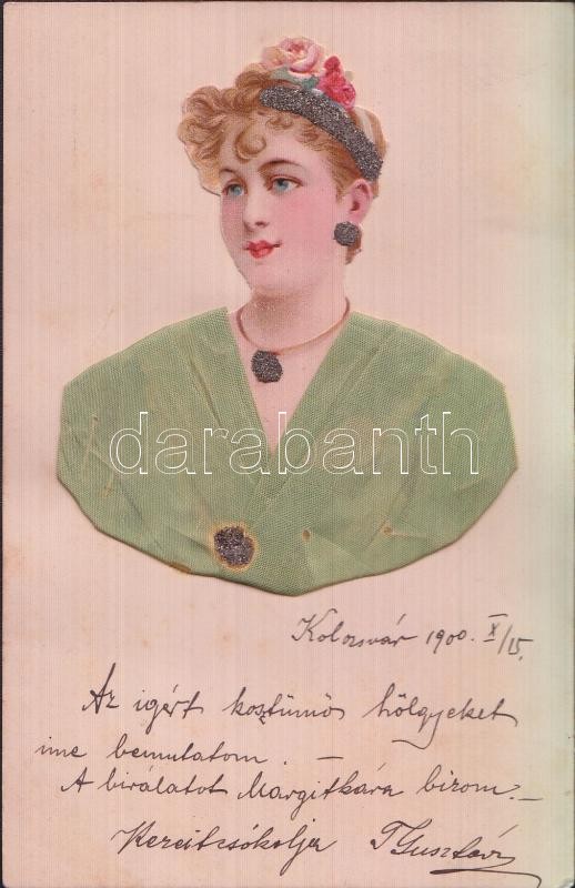 Lady litho  silk card, Hölgy textil lap litho