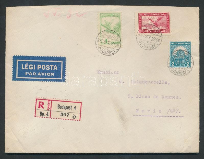 Registered airmail cover to France, Ajánlott légi levél Párizsba