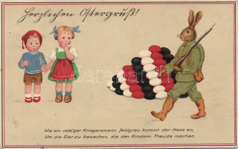 Soldier rabbit, eggs painted as the German national flag, chidren, Meissner &amp; Buch, Kriegspostkarten Serie 2123. litho s: L. D., Katona nyúl, német zászló színeire festett tojások, gyerekek, húsvét, Meissner &amp; Buch, Kriegspostkarten Serie 2123. litho s: L. D.