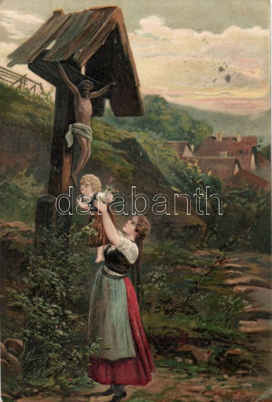 Folklore, crucifixed Jesus cross Emb. litho, Folklór, Keresztre feszített Jézus Emb. litho