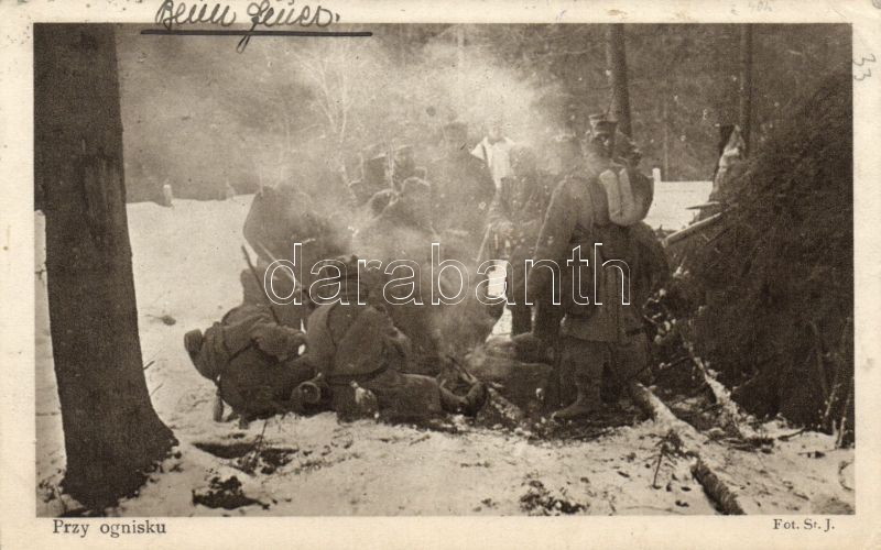 Lengyel katonai tábor tábortűzzel, WWI Polish military camp with campfire
