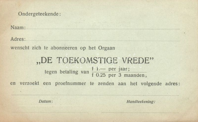 Nederlandsche Anti-Oorlog Raad 'De Toekomstige Vrede' / Dutch anti-war council, peace propaganda card, Holland háborúellenes tanács, béke propaganda