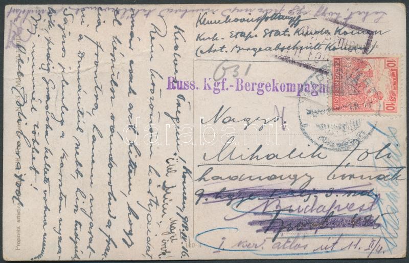 Tábori posta képeslap Kaposváron újra bérmentesítve Budapestre, Field postcard sent to Kaposvár with 10f new and franking to Budapest