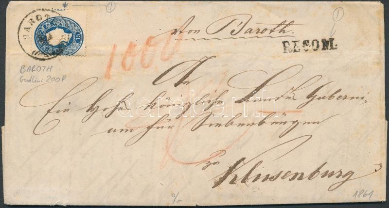 15kr látványos képbefogazással (enyhe hajtásnyom) + hátoldalon 1858 10kr kis darabja, vegyes bérmentesítés! ajánlott levélen (tartalommal) 