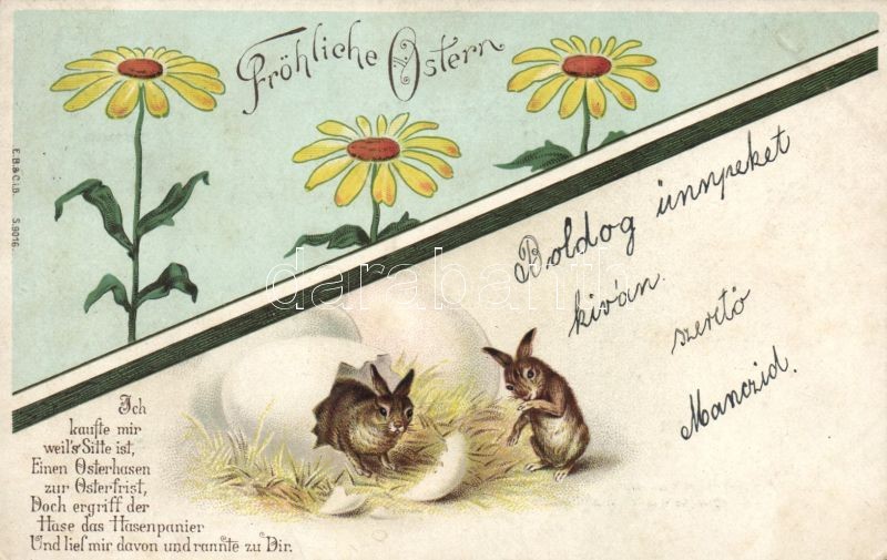 1899 Easter, rabbits, egg, flower litho, 1899 Húsvét, nyulak, tojás, virág litho