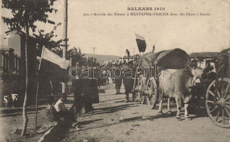 Balkans 1912, Arrivée des Blesses a Mustapha-Pascha dans des Chars a boeufs / Arrical of Mustapha Pasha, oxen carts