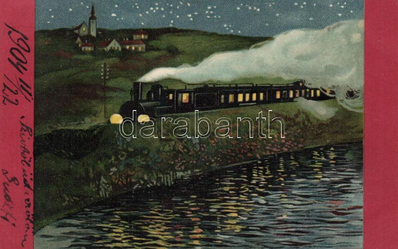 Locomotive at night, litho (wet damage), Gőzmozdony, litho (ázott)