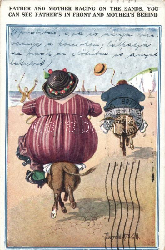 Fat lady and man racing on the sand, humour, Milton Series, 13187 s: Donald McGill, Fat lady and man racing on the sand, humor, Milton Series, 13187. s: Donald McGill