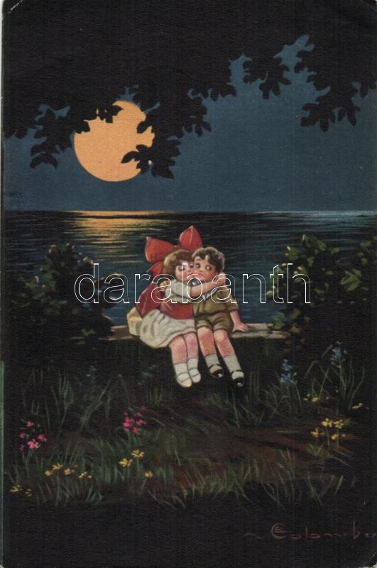 Italian art postcard, children couple, night, moon s: Colombo, Olasz művészlap, szerelmes gyerek pár, éjszaka, hold s: Colombo