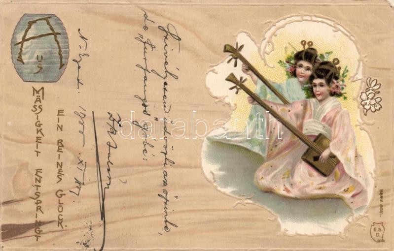 Japanese folklor, Geishas with samisen Art Nouveau Emb. litho, Japán folklór, gésák samiszennel, Art Nouveau Emb. litho