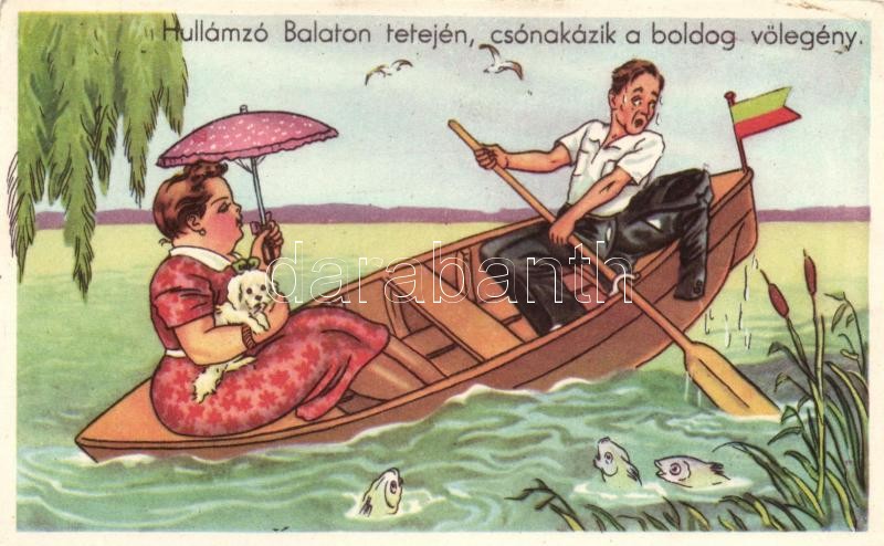 Balaton, csónakázó férj és feleség, humor 'Rekord'Nr. 1001.