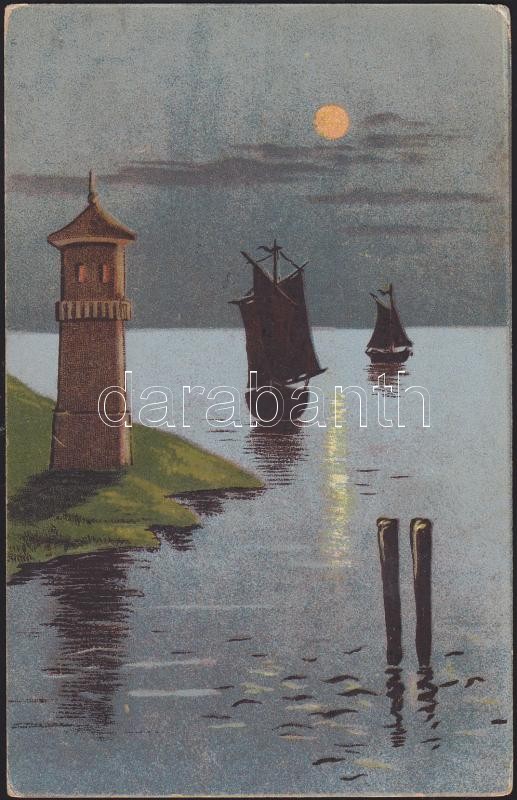 Lake at night, sailing boat, K.G.L. litho, Éjszaka a tavon, vitorlások, K.G.L. litho