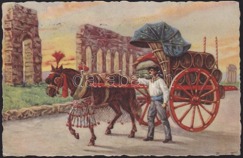Olasz folklór, boroshordók szekéren, kereskedő, Rome, Roma; Italian folklore, carriage, wine barrels, merchant