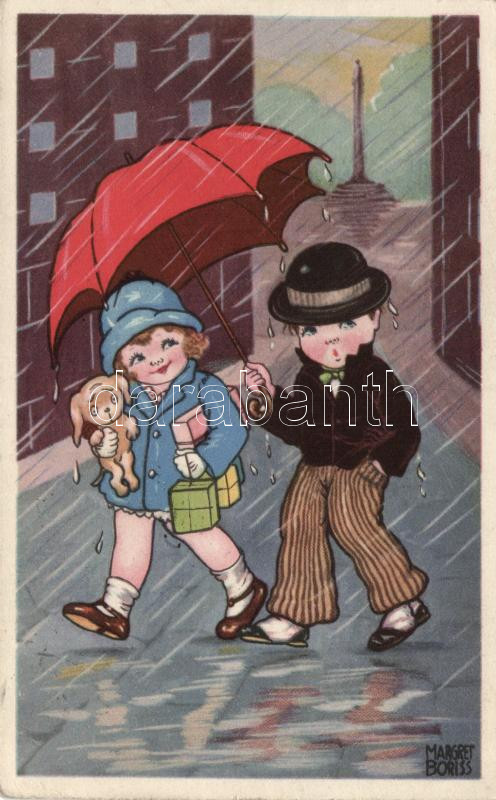 Child couple in the rain, umbrella, Amag 0333. s: Margret Boriss, Gyerekpár az esőben, esernyő, Amag 0333. s: Margret Boriss