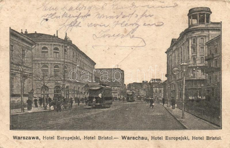 Warsaw, Warszawa; Hotel Europejski, Hotel Bristol, tram