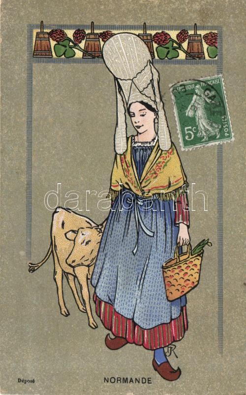 Normand folklór, borjú, G.H.M. 2843. Art Nouveau, Normande/ Normandy folklore, calf, G.H.M. 2843. Art Nouveau
