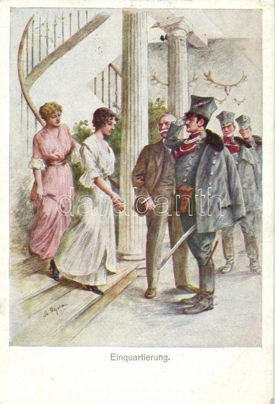 Quartering, military life, artist signed, Beszállásolás, katonaélet, szignós, Einquartierung