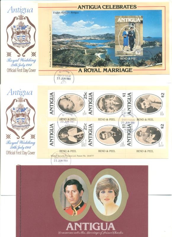 Károly és Diana esküvője bélyegfüzet + a füzetlapok 2 FDC-n, Charles and Dianas wedding stampbooklet + 2 FDC, Hochzeit von Prinz Charles und Lady Diana Spencer (II). Markenheftchen; selbstklebend; + 2 FDC