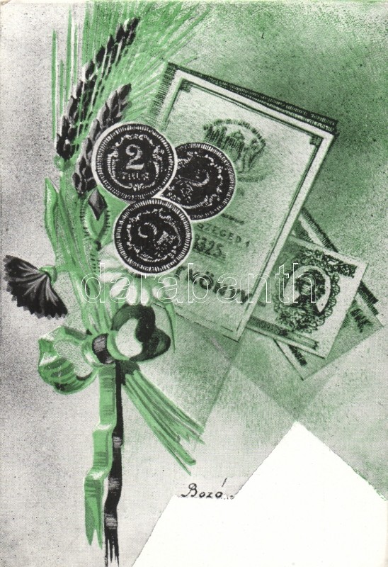 Október 10. magyar emléklap, pénzérmék s: Bozó, Hungarian memorial card of october 10th, coins s: Bozó