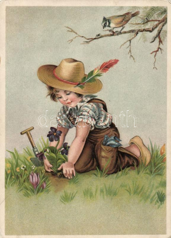 Little boy planted flowers in the garden, litho, Virágokat ültető kisfiú, litho