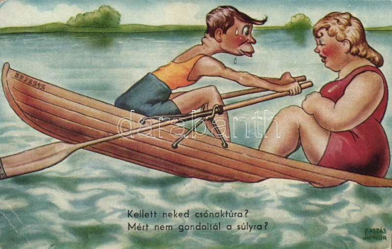 Csónaktúra, humor s: Kaszás Jámbor, Couple in the boat, humor s: Kaszás Jámbor